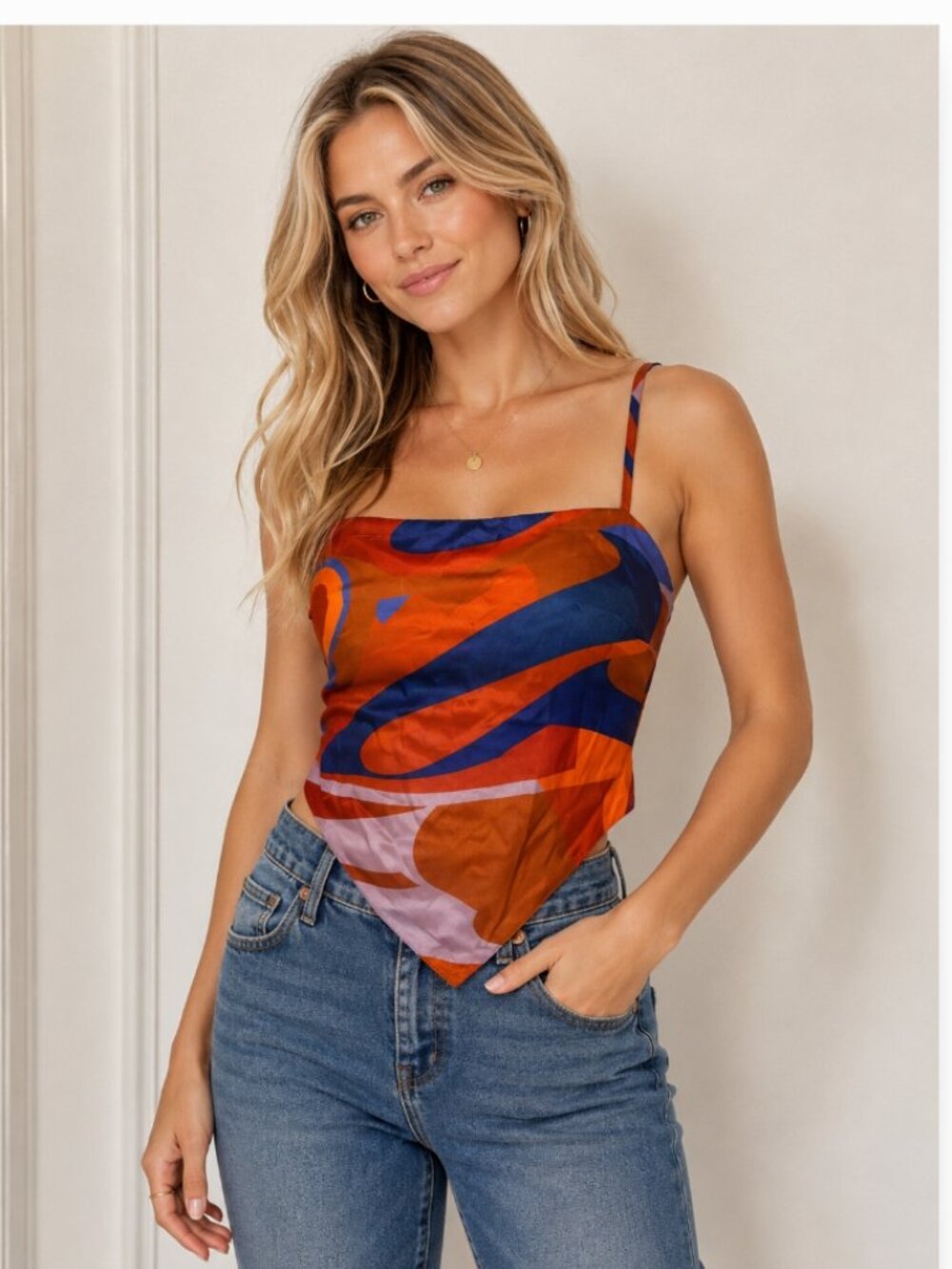 Papaya women's large scarf style crop top w/ geometric design EUC tie back